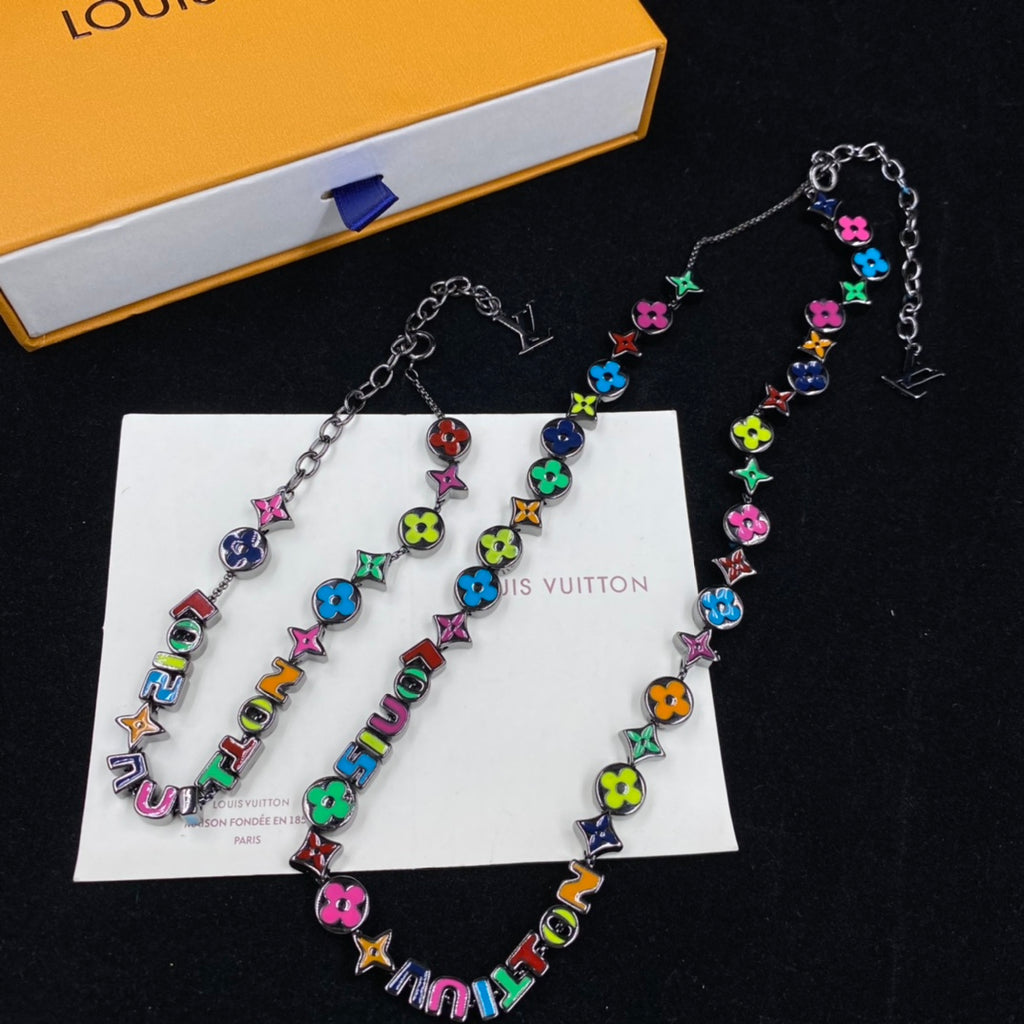 Multicolor Enamel Letter & Clover Charm Station Necklace – Colorful Logo Bead Chain