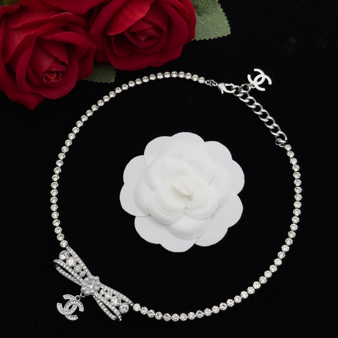 Crystal Bow Pendant Tennis Necklace