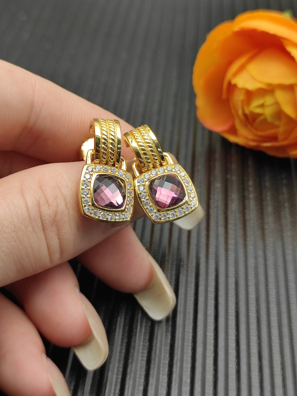 Pavé Halo Cushion Gemstone Drop Earrings