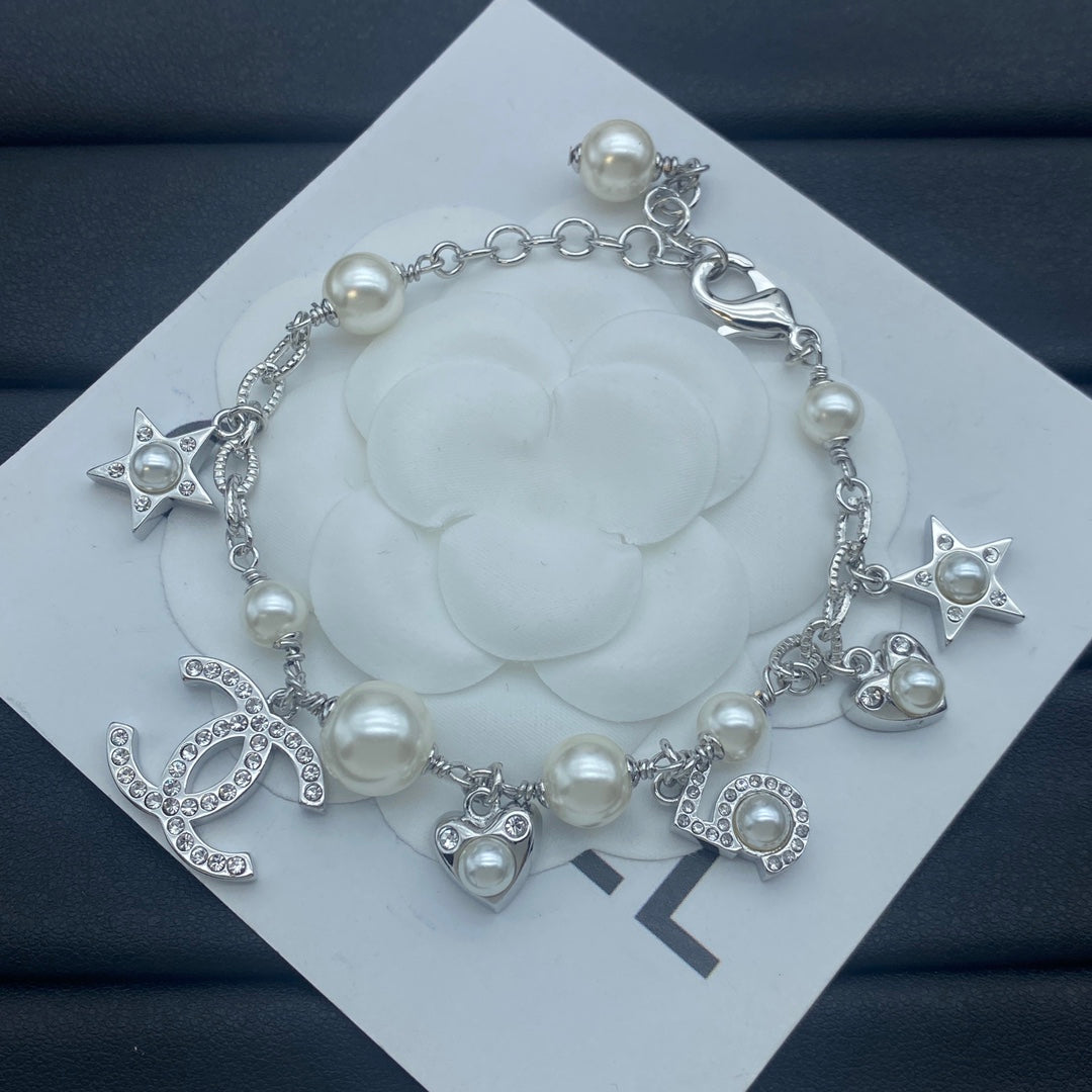 Pearl Multi-Charm CC Star No.5 Heart Station Necklace & Bracelet Set
