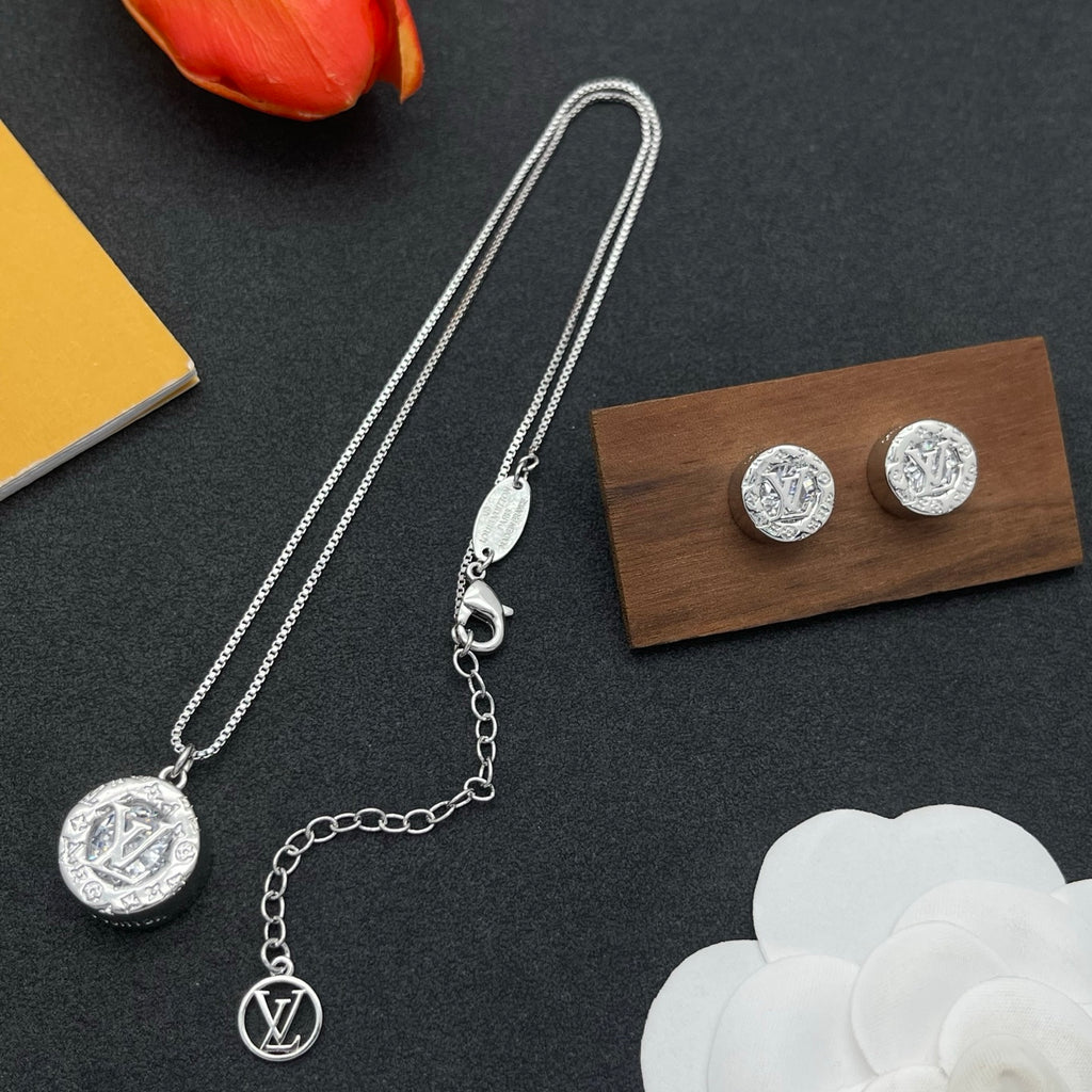 Vintage Embossed Monogram Medallion Necklace & Earring Set