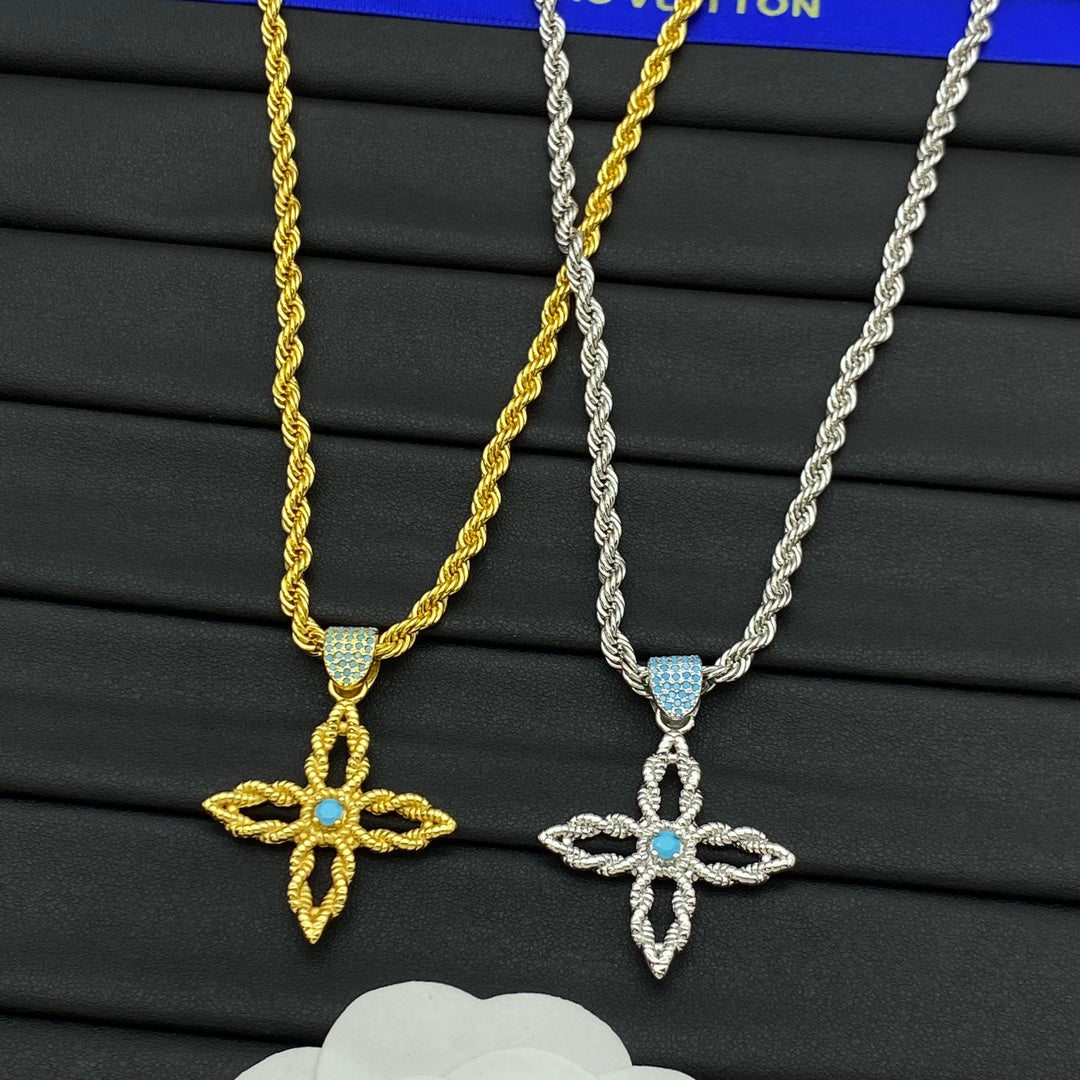 Turquoise Center Hollow Four-Petal Flower Rope Chain Necklace