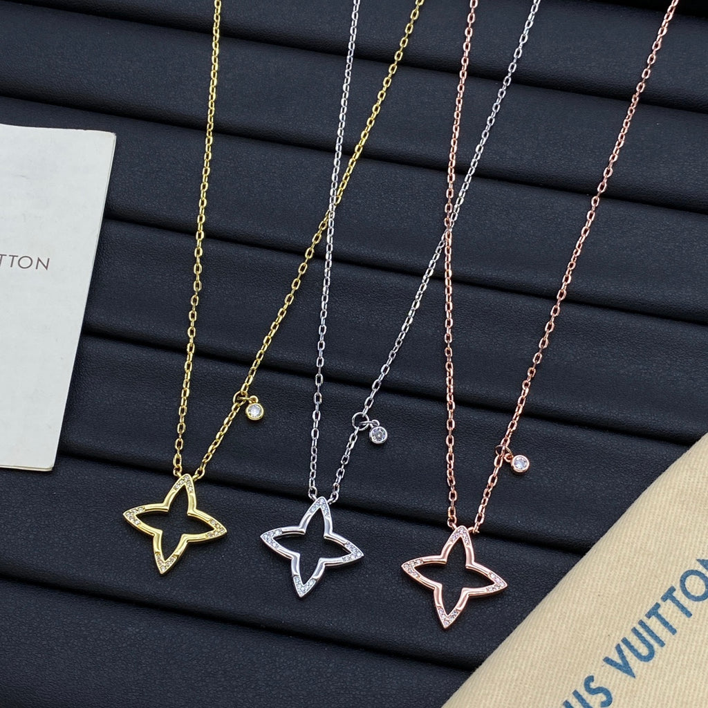 Open Four-Point Star & Solitaire CZ Drop Pendant Cable Chain Necklace