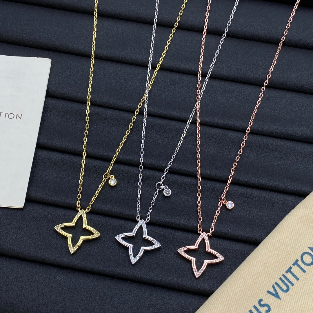 Open Four-Point Star & Solitaire CZ Drop Pendant Cable Chain Necklace