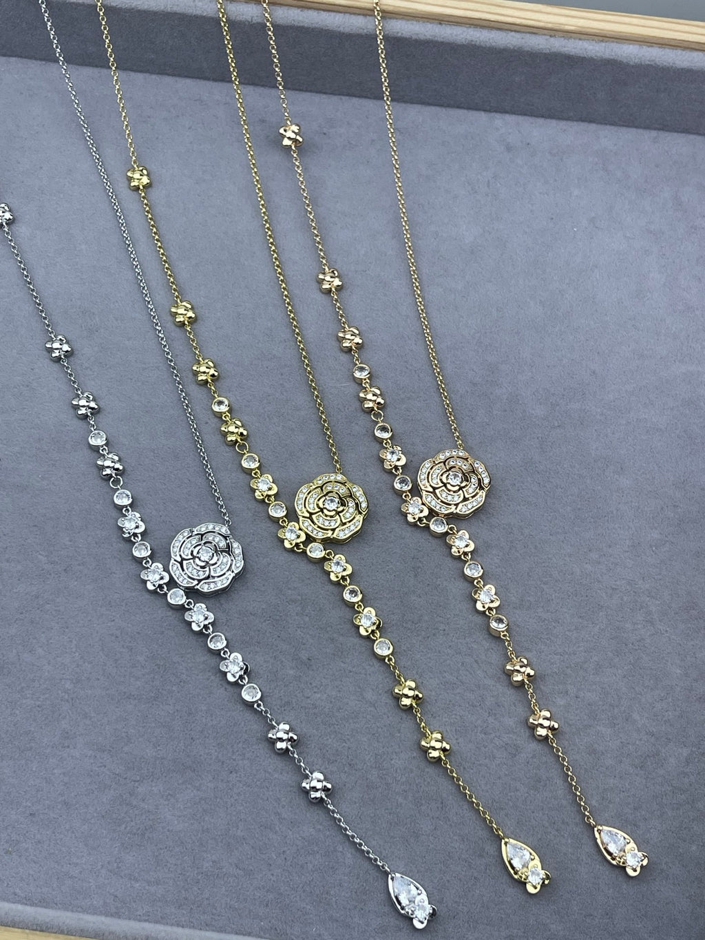 Crystal Pavé Rose Medallion Station Chain Lariat Necklace