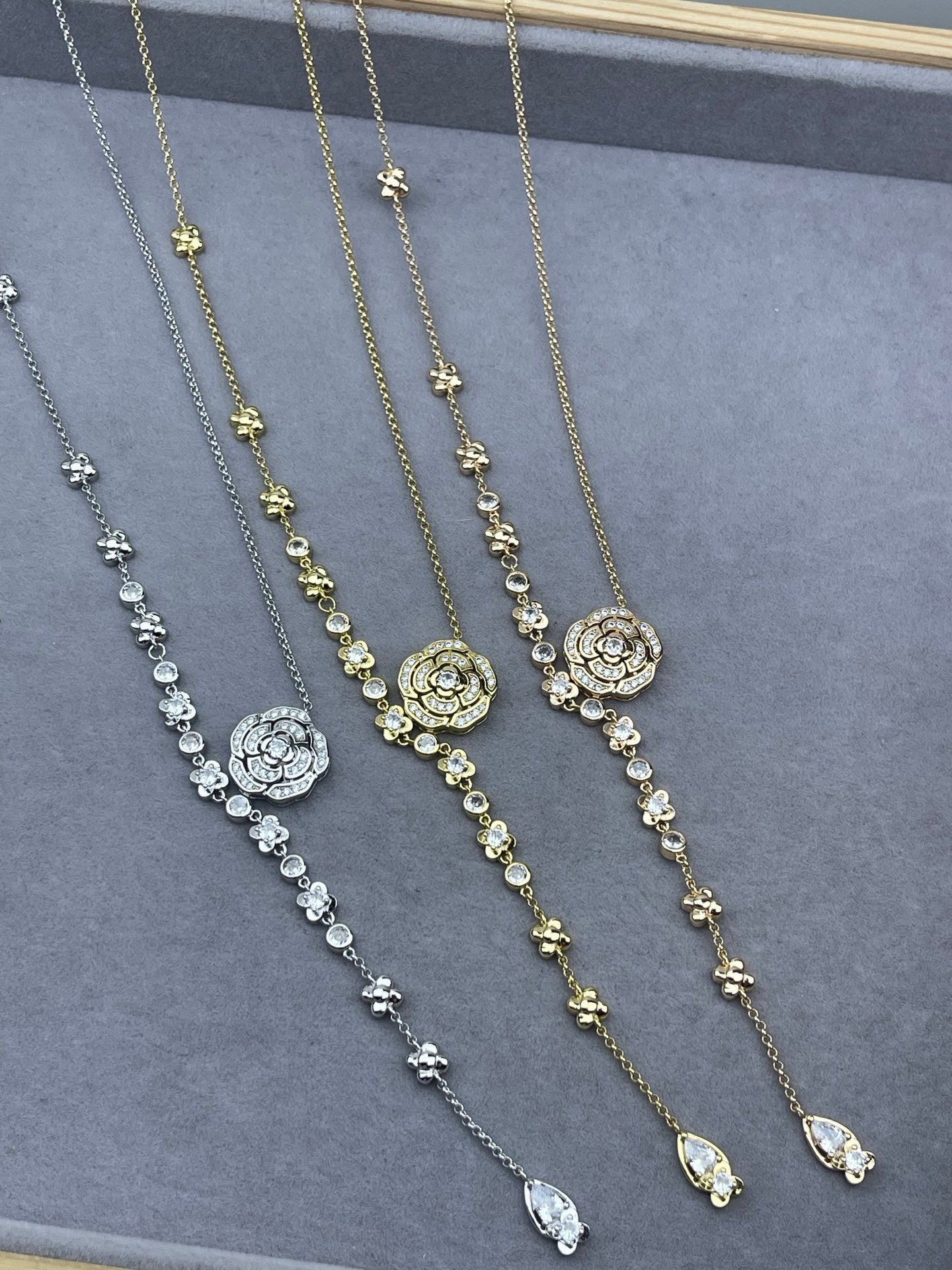 Crystal Pavé Rose Medallion Station Chain Lariat Necklace