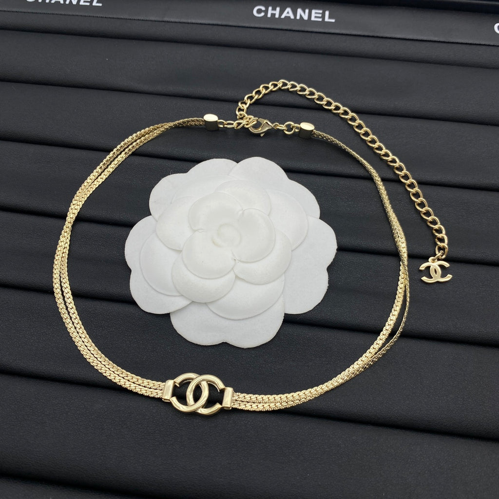CC Ring Clasp Double-Strand Flat Chain Choker Necklace – Gold & Silver