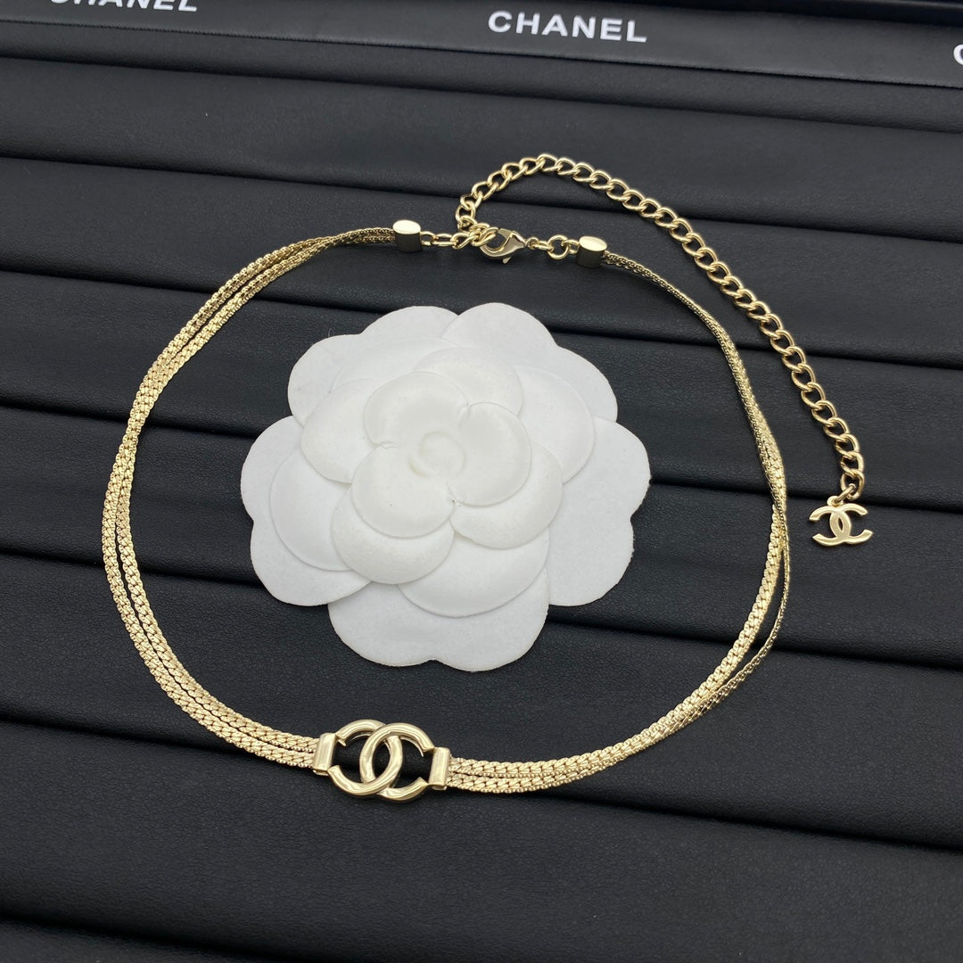 CC Ring Clasp Double-Strand Flat Chain Choker Necklace – Gold & Silver