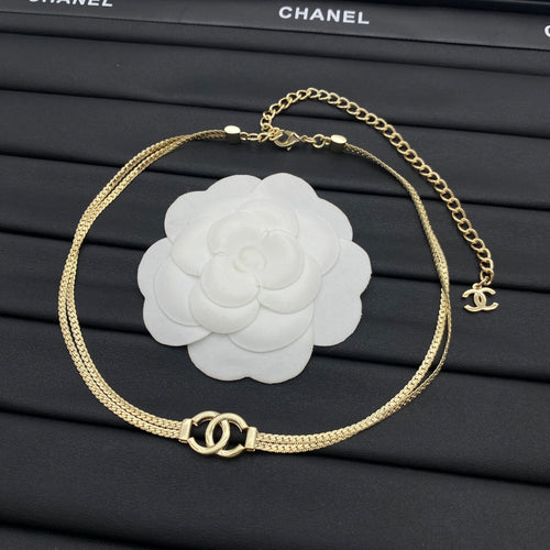 CC Ring Clasp Double-Strand Flat Chain Choker Necklace – Gold & Silver