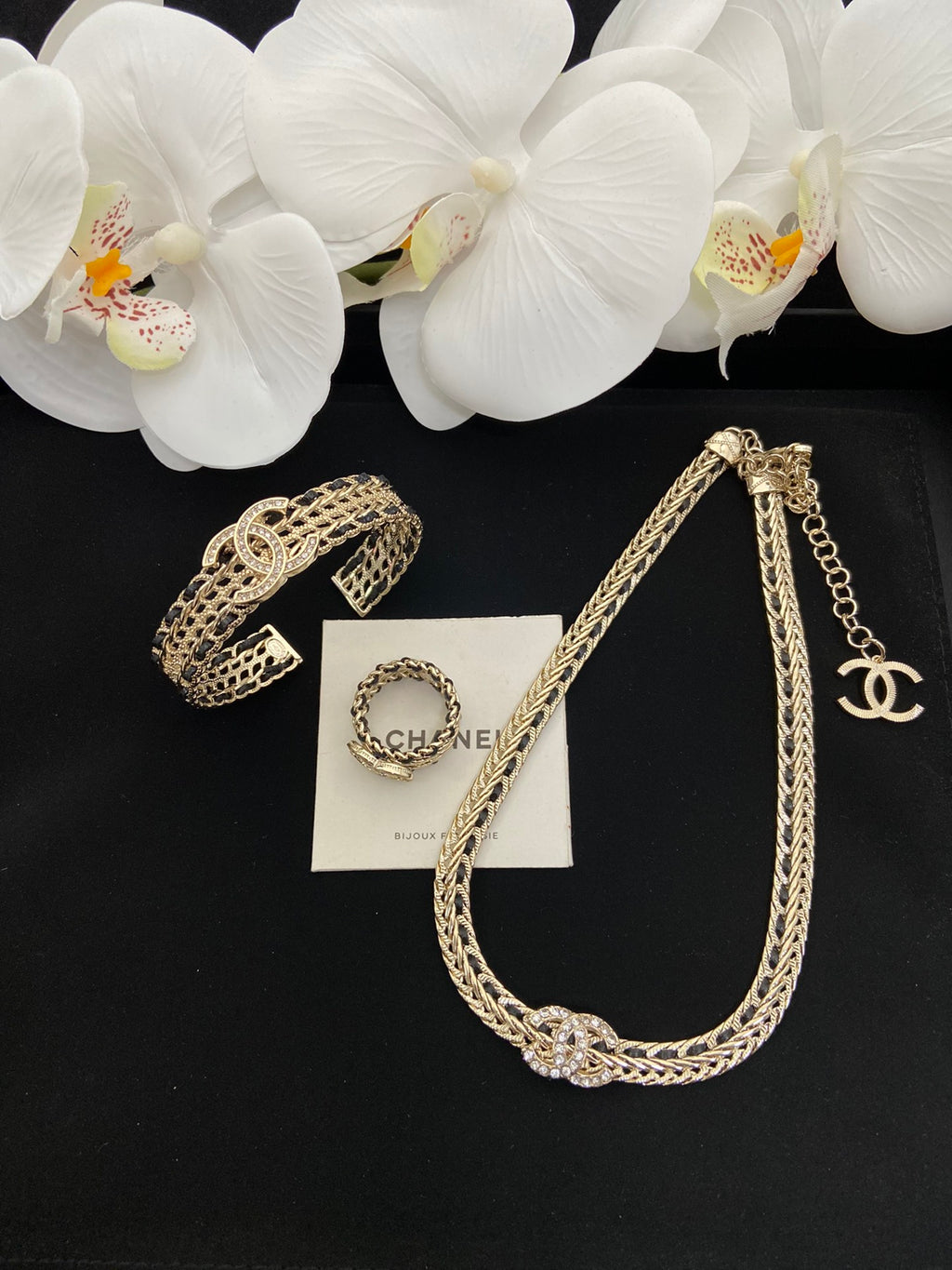 Gold Herringbone Braided Chain Necklace, Wide Mesh Cuff Bracelet & Chain Ring Set