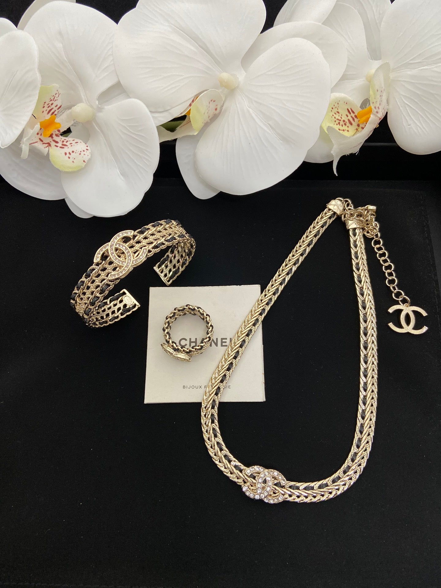 Gold Herringbone Braided Chain Necklace, Wide Mesh Cuff Bracelet & Chain Ring Set