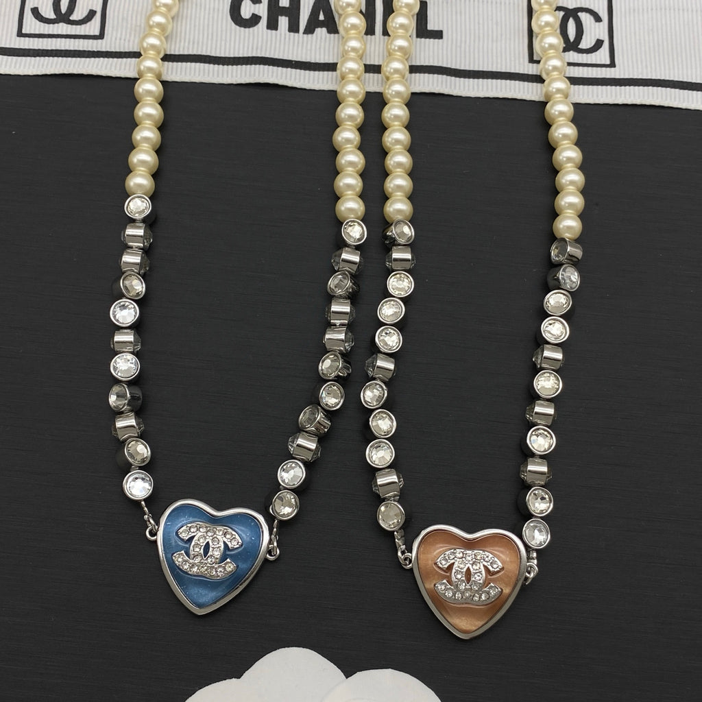 Pearl & Crystal Station Heart Pendant Necklace
