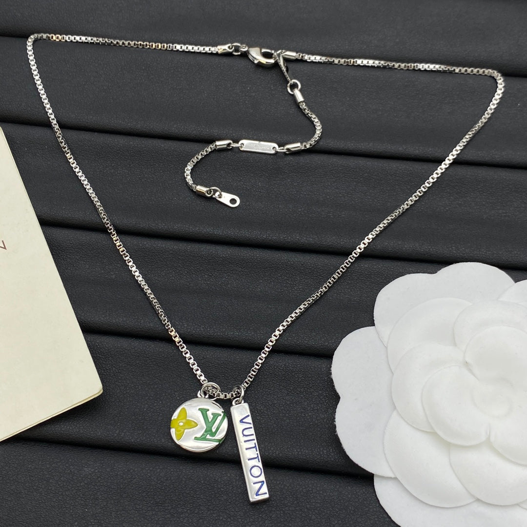 Enamel Coin & Bar Double Charm Box Chain Necklace