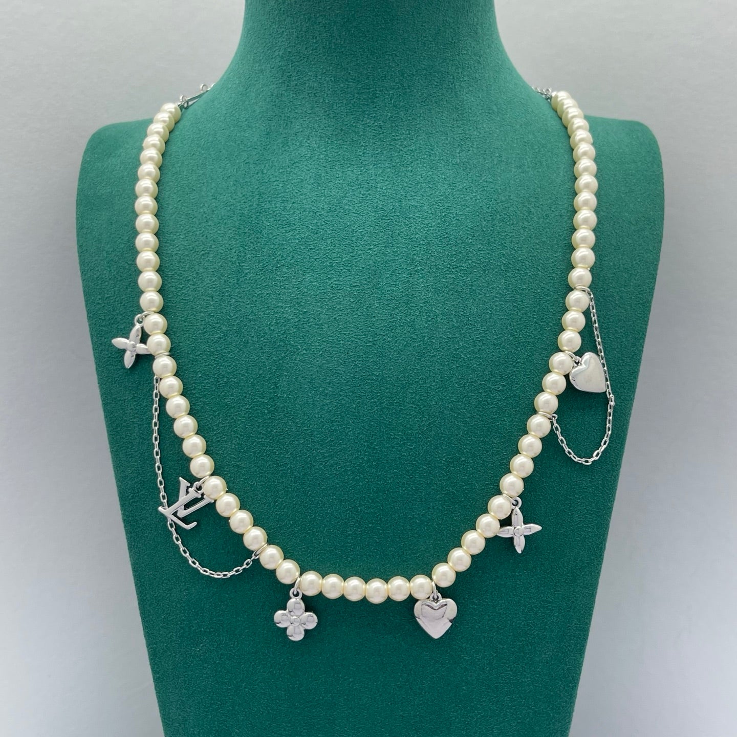 Pearl Strand Necklace with Heart & Floral Multi-Charm