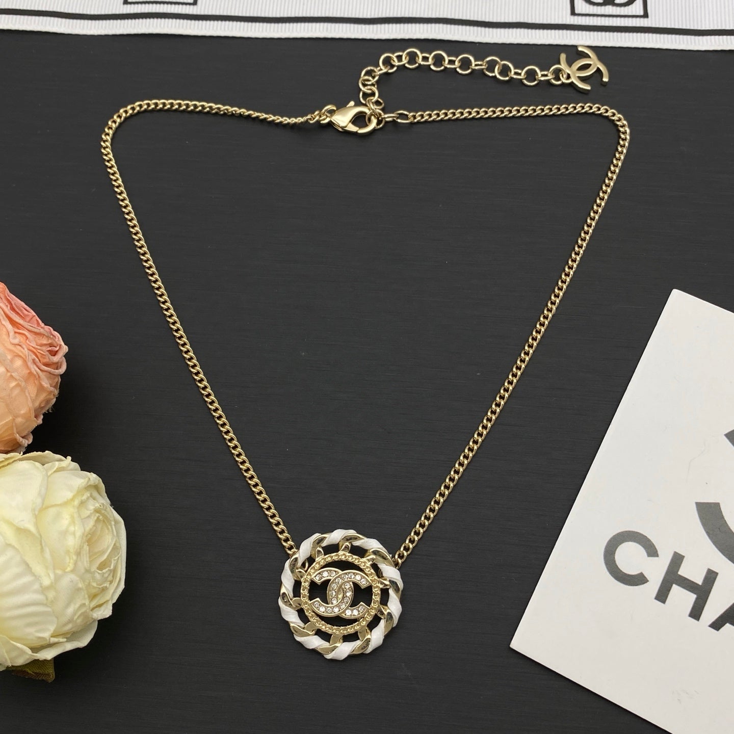 Leather & Chain Circle Pendant Necklace – Crystal Logo | 4 Colors