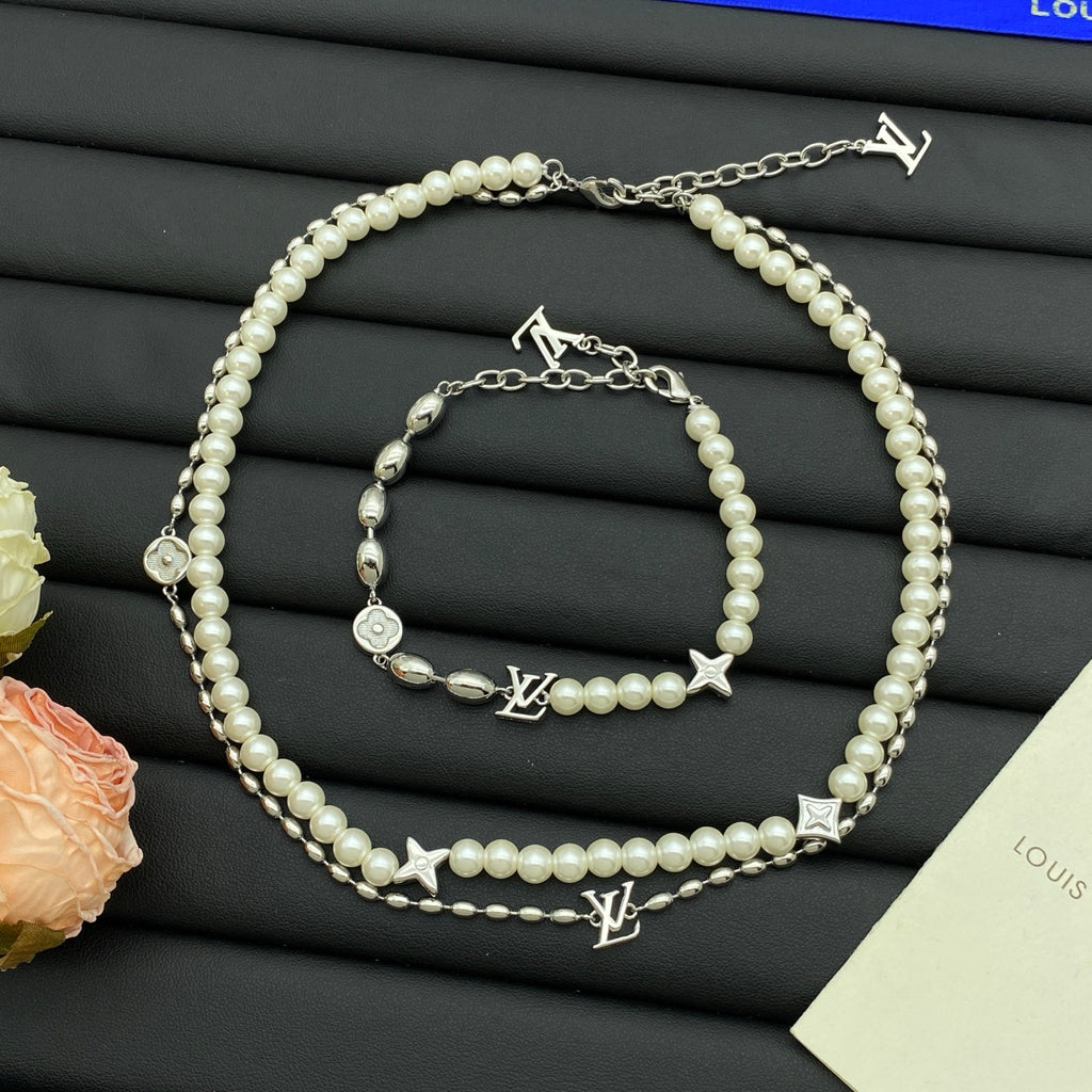 Faux Pearl & Oval Bead Star Flower Charm Necklace & Bracelet Set