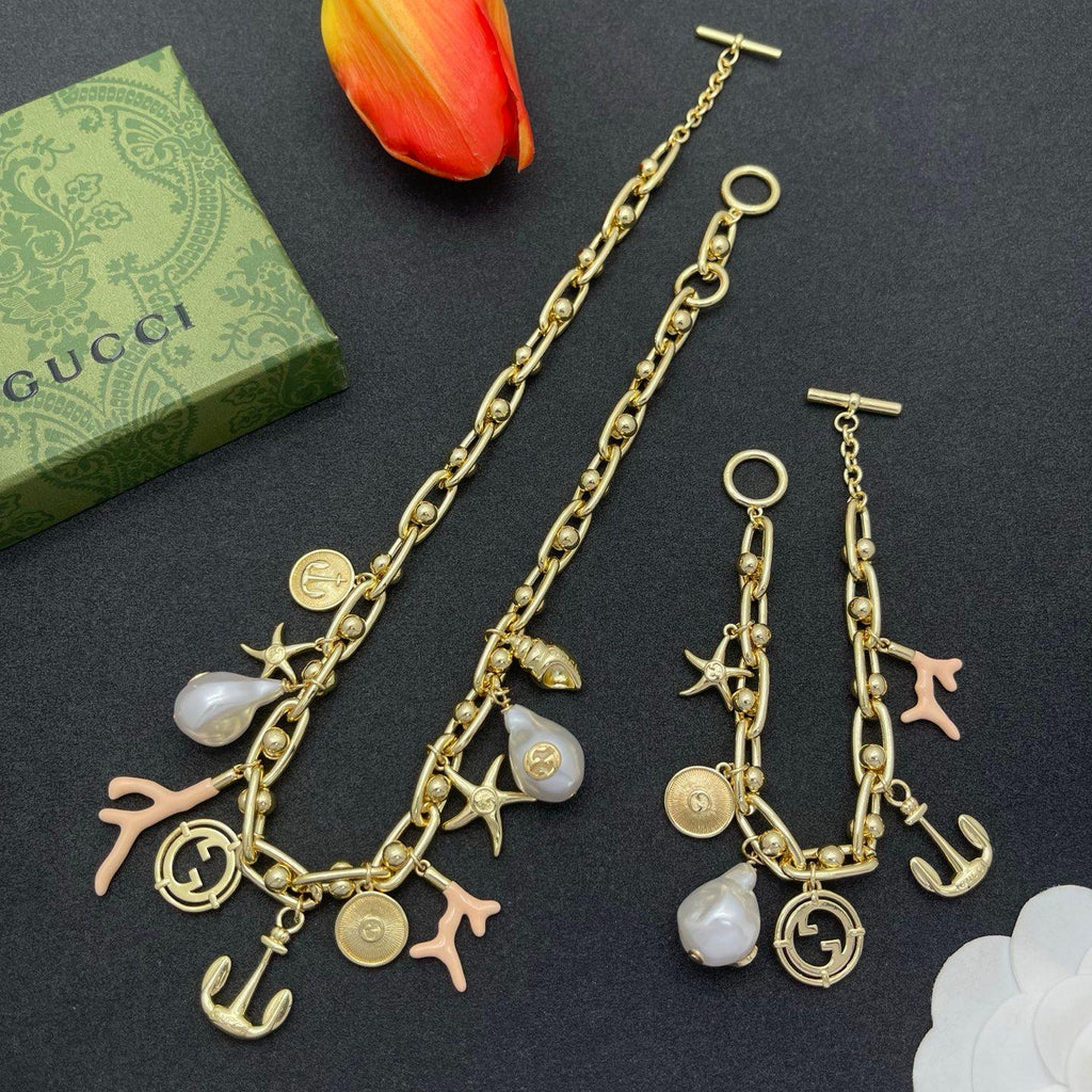 Nautical Charm Bracelet Set with Pearl & Coral