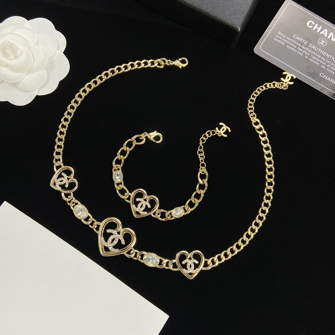 Hollow Heart & Crystal Charm Cuban Chain Jewelry Set