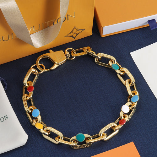 Colorful Enamel Dot Monogram Chain Jewelry Set – Gold-Tone Chunky Necklace, Bracelet & Earrings
