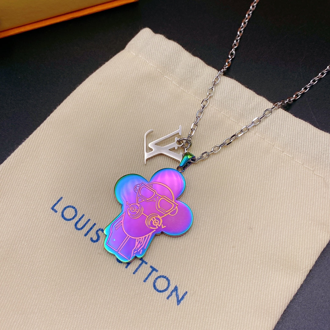 Vivienne Doll Figure Engraved Charm Necklace – Iridescent / Silver