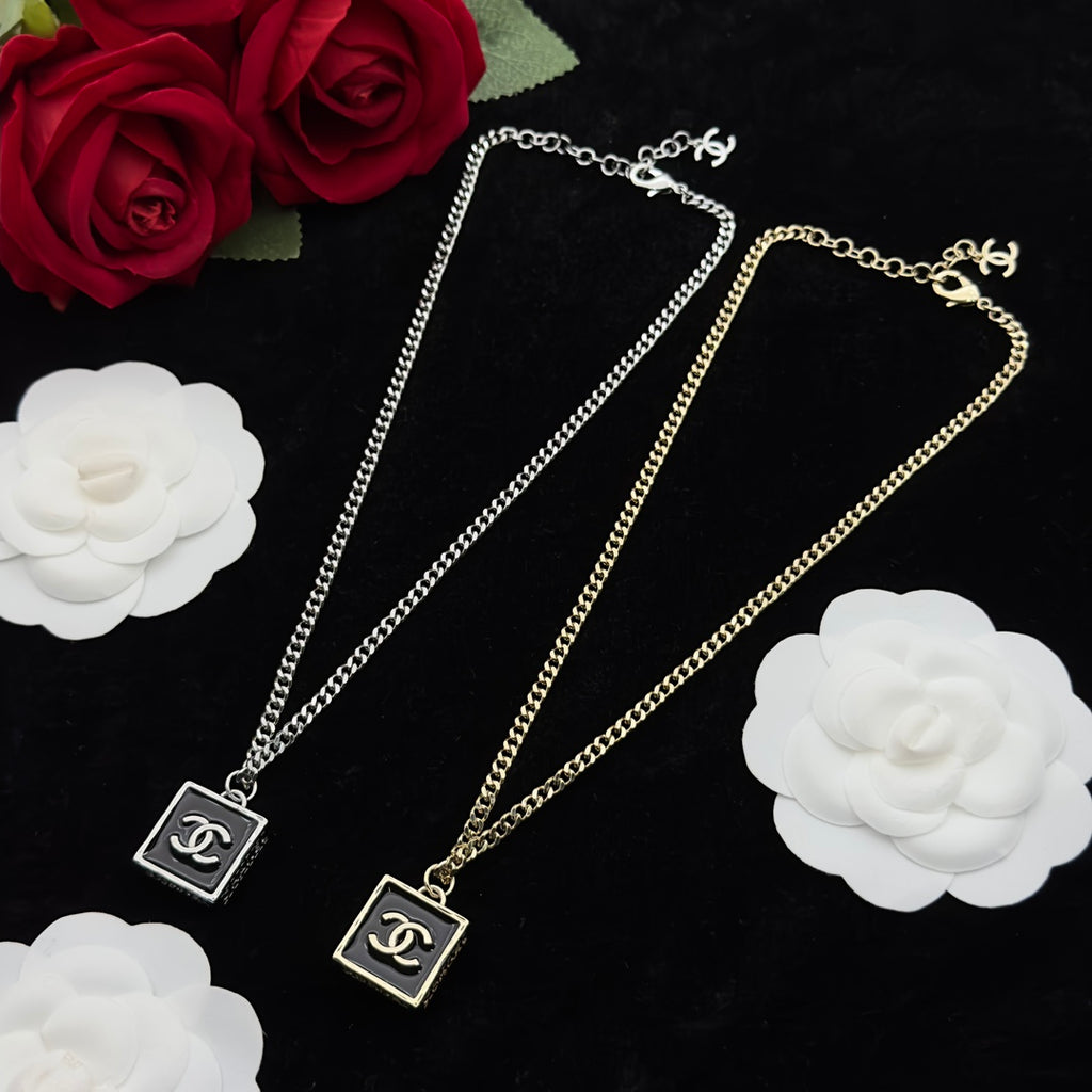 Black Enamel Square Pendant Curb Chain Necklace