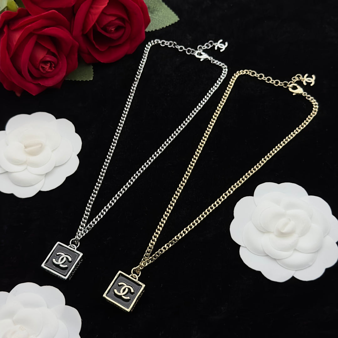 Black Enamel Square Pendant Curb Chain Necklace