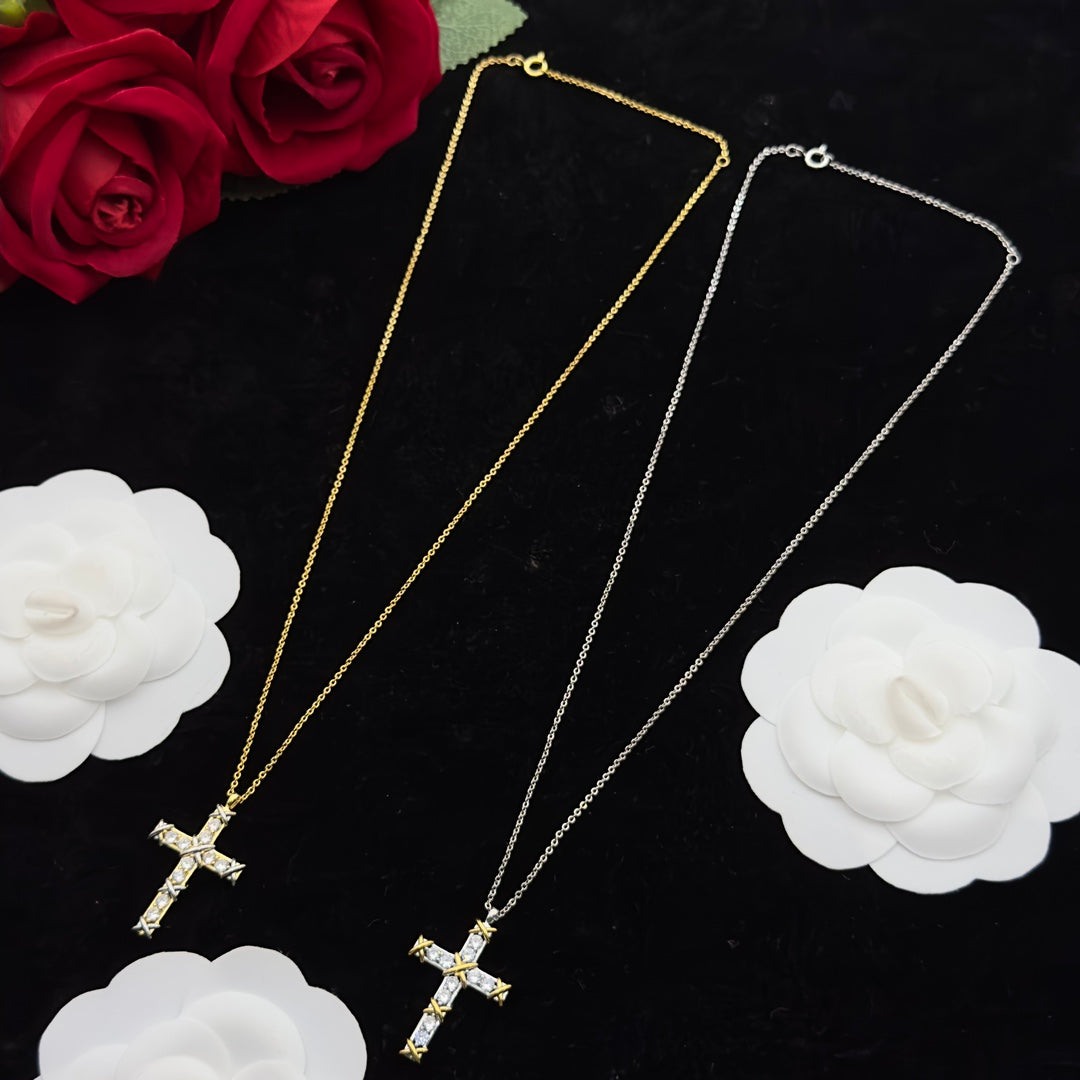 Crystal Cross X Rivet Pendant Delicate Chain Necklace – Gold & Silver