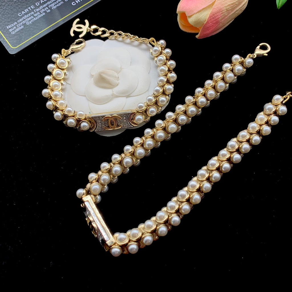 Triple-Row Faux Pearl Cluster Bracelet & Choker Set