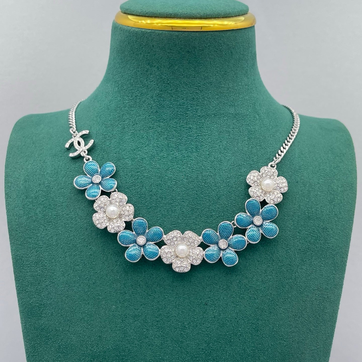 Blue Enamel & Crystal Pavé Flower Cluster Statement Necklace