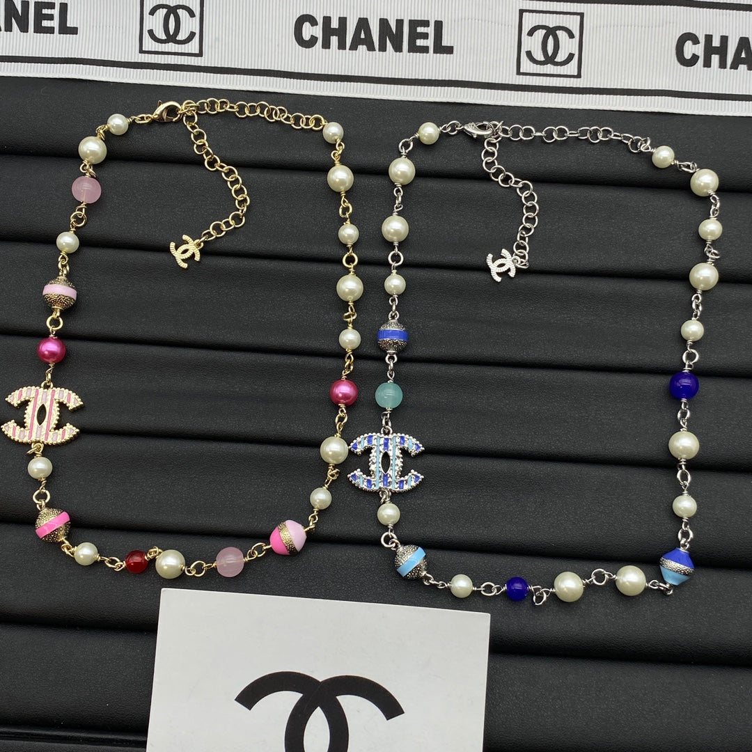 Colorful Mixed Bead CC Charm Long Necklace – Pink & Blue