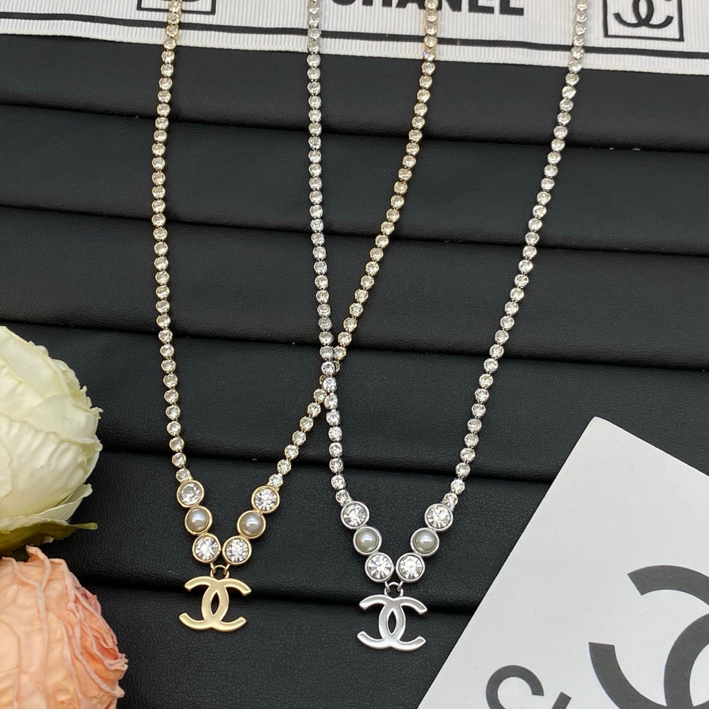 Crystal Tennis Chain Necklace | Pearl & Bezel Station Logo Drop | Gold & Silver