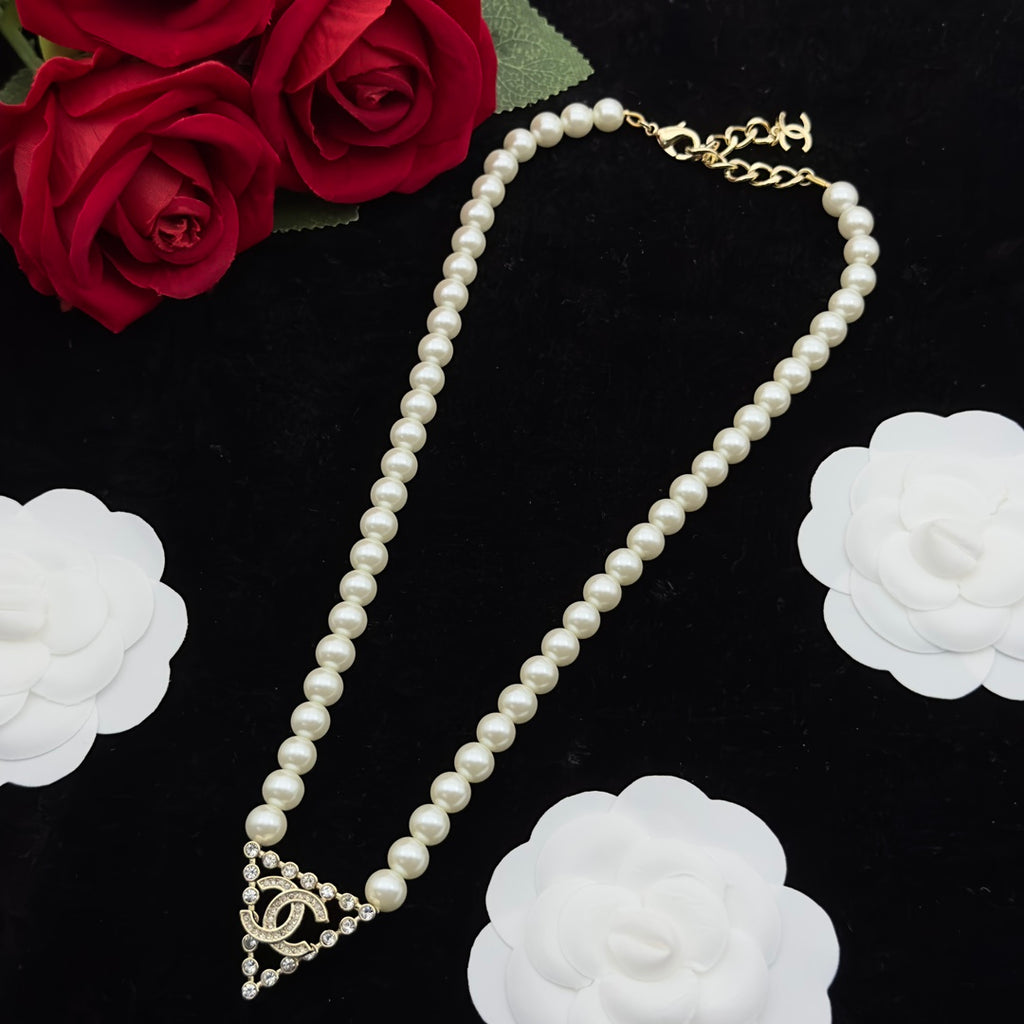 Crystal Triangle Pendant Faux Pearl Strand Necklace