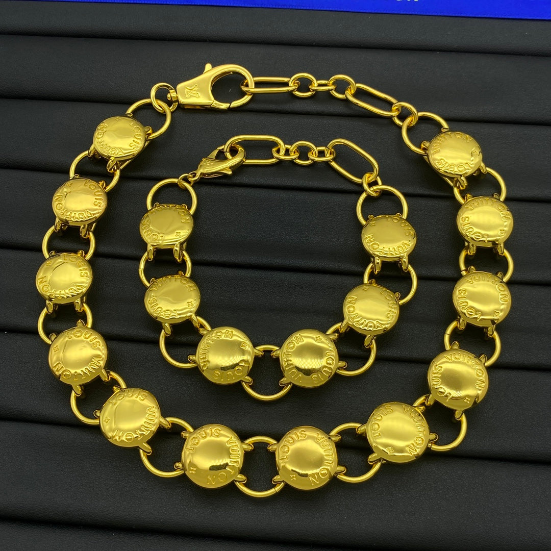 Engraved Coin Disc & Round Link Chain Necklace & Bracelet Set