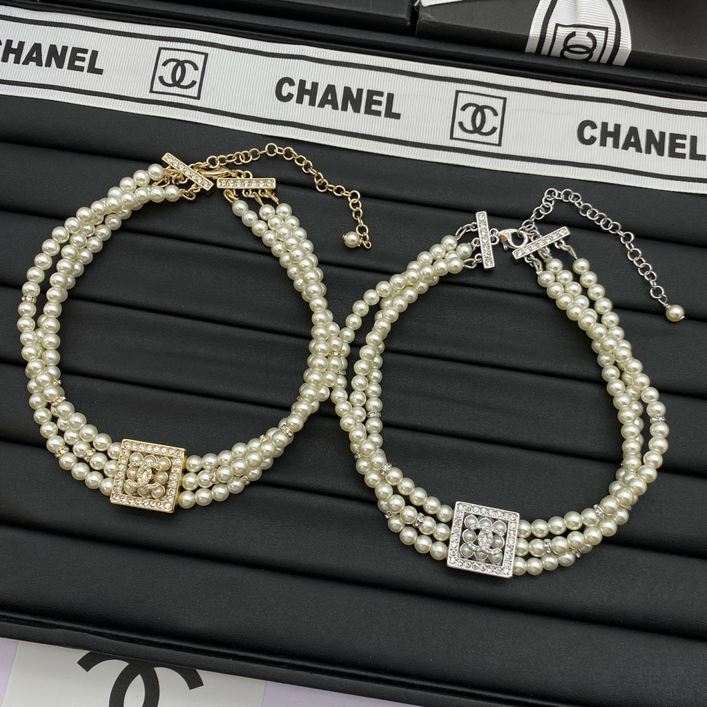 Triple-Strand Pearl CC Square Crystal Clasp Choker Necklace – Gold & Silver
