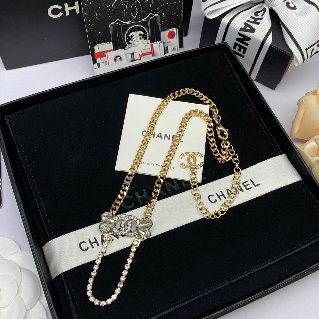 Crystal Bow Tennis Chain Necklace & Multi-Charm Drop Earring Set