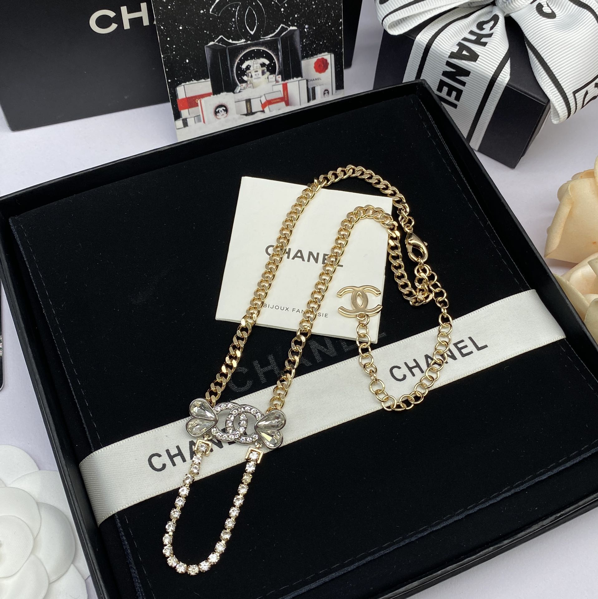 Crystal Bow Tennis Chain Necklace & Multi-Charm Drop Earring Set
