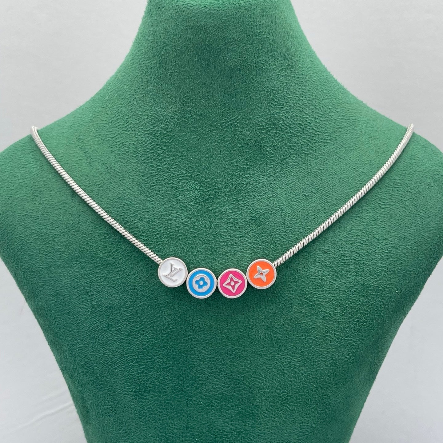 Colorful Enamel Floral Disc Charm Snake Chain Necklace