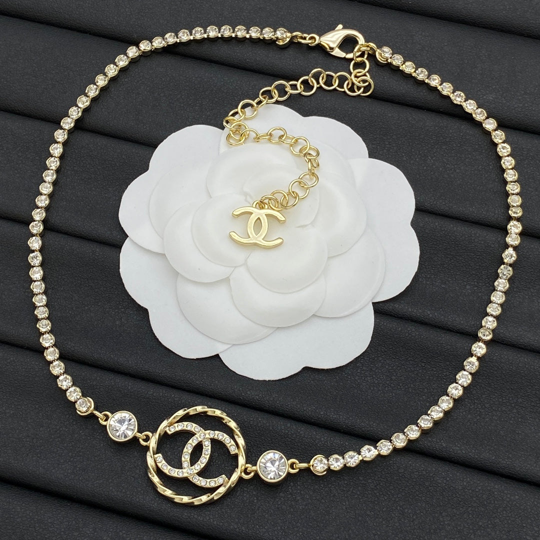 Pavé CC Circle Pendant Tennis Chain Necklace – Gold & Silver