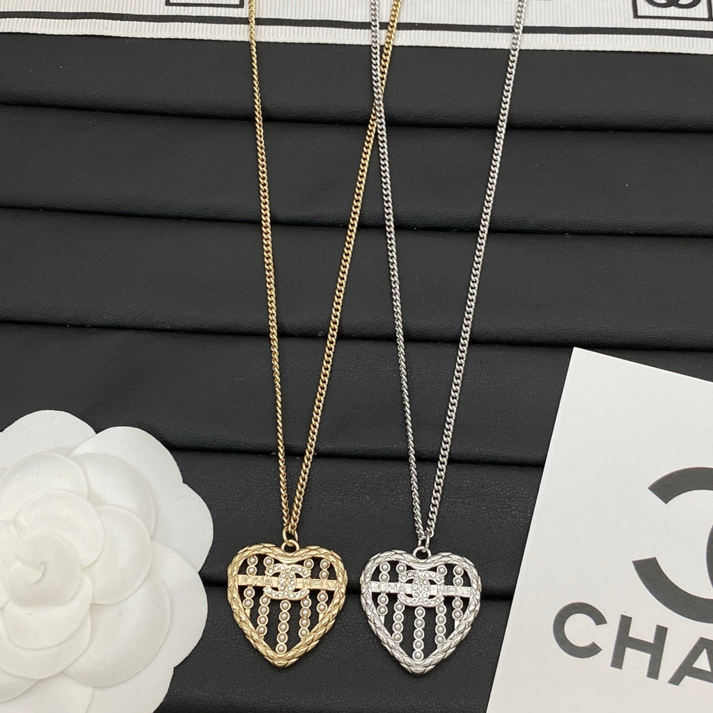Pearl Grid Heart Pendant Necklace | Crystal Logo | Curb Chain | Gold & Silver