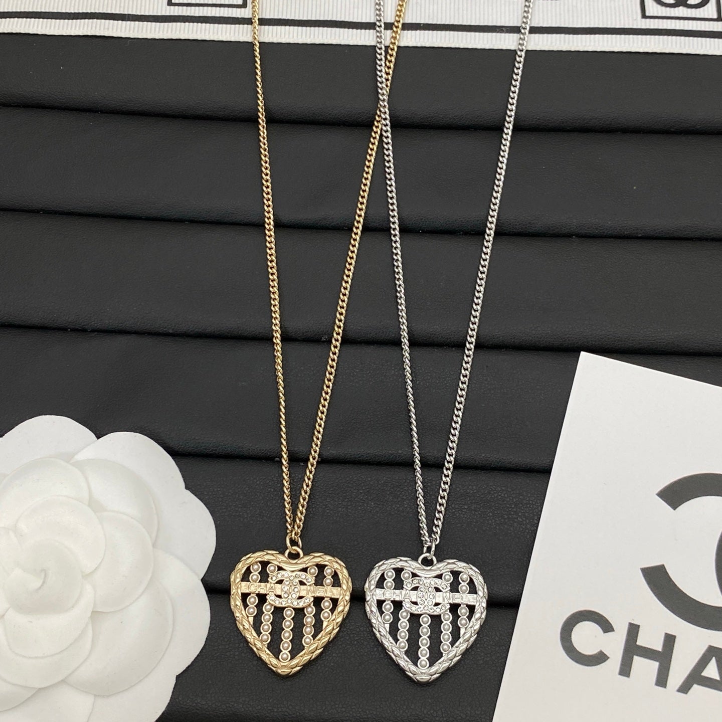 Pearl Grid Heart Pendant Necklace | Crystal Logo | Curb Chain | Gold & Silver
