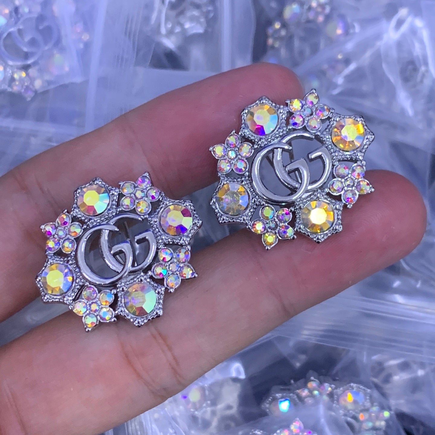 Vintage Aurora Crystal Flower Double Ring Logo Jewelry Set