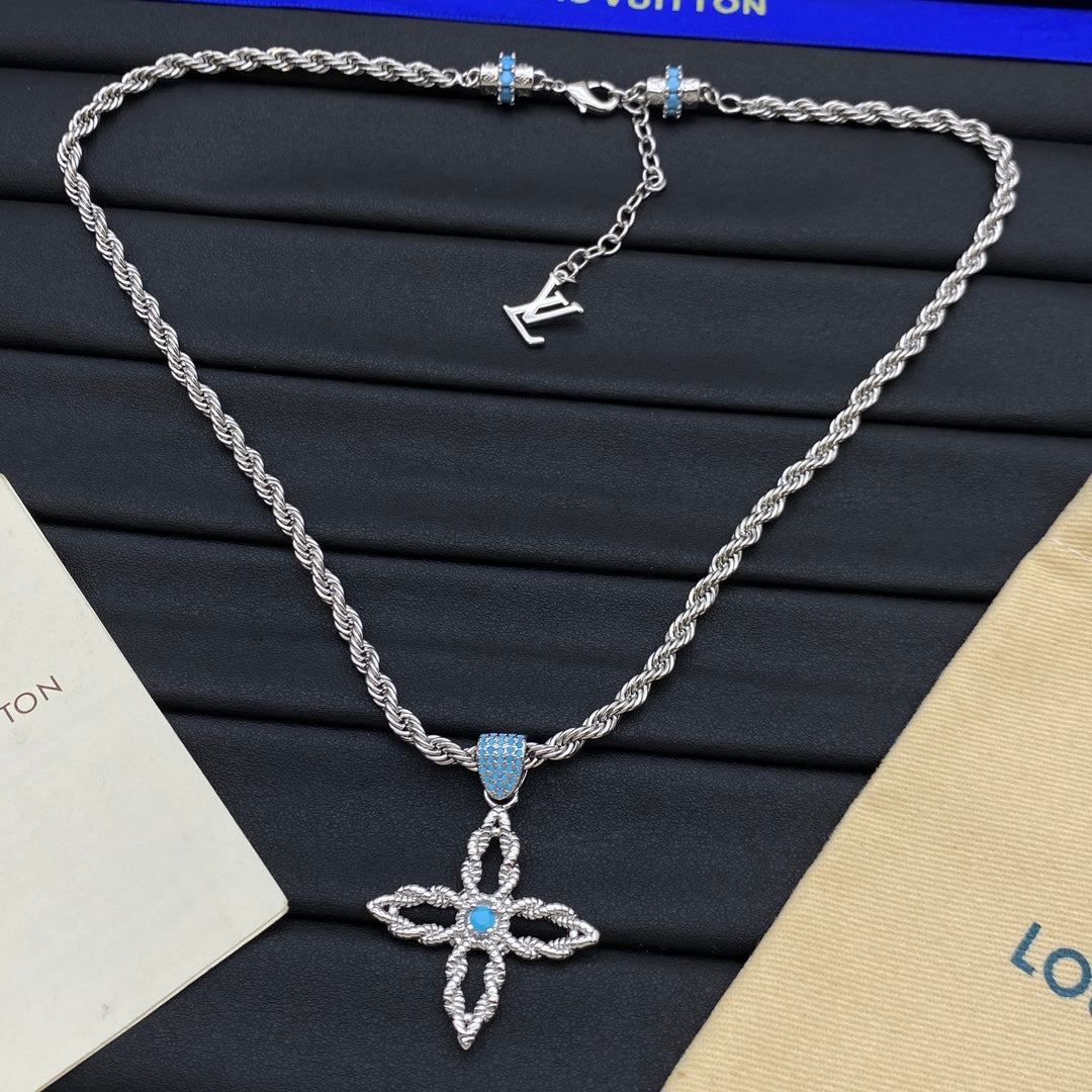 Turquoise Center Hollow Four-Petal Flower Rope Chain Necklace