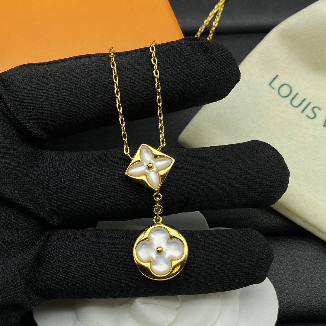 Mother of Pearl Shell Diamond & Round Double Drop Pendant Necklace