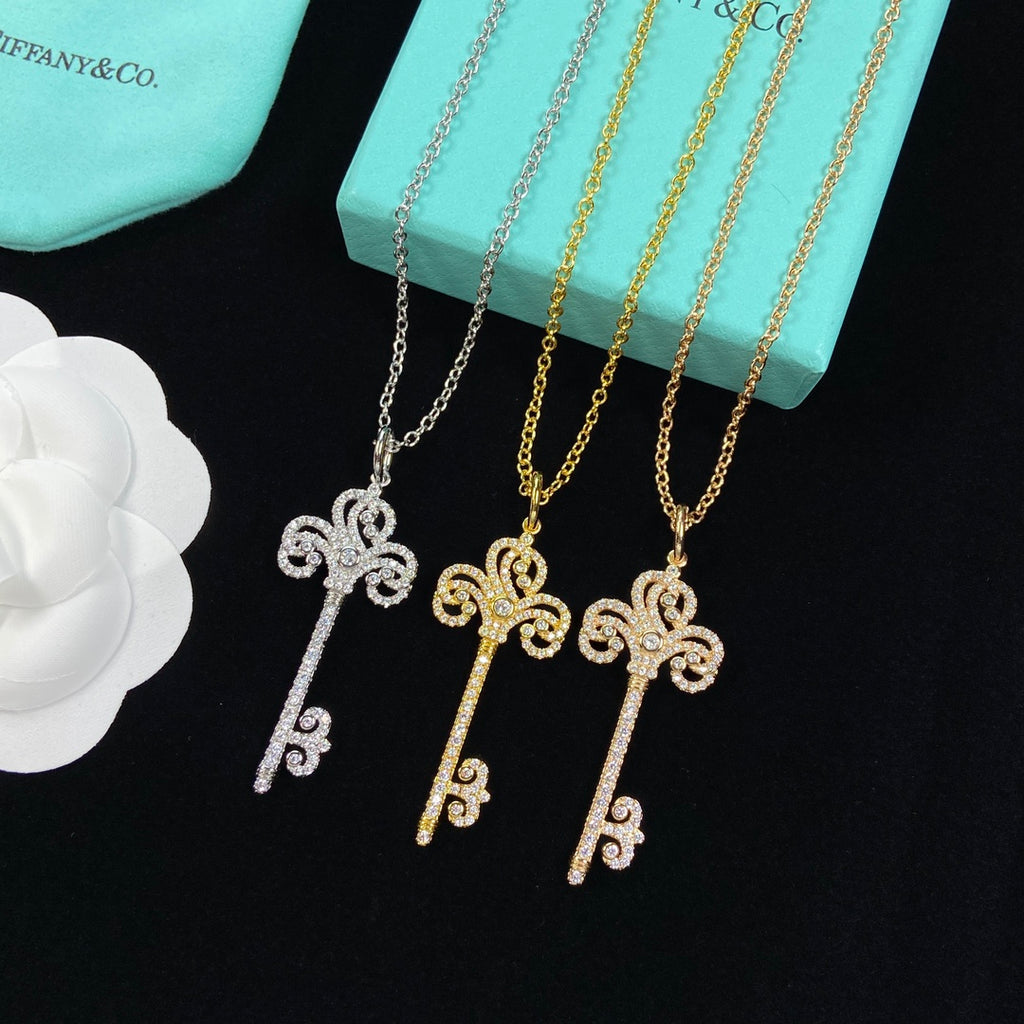 Pavé Crystal Baroque Scroll Floral Key Pendant Necklace – Gold, Silver & Rose Gold