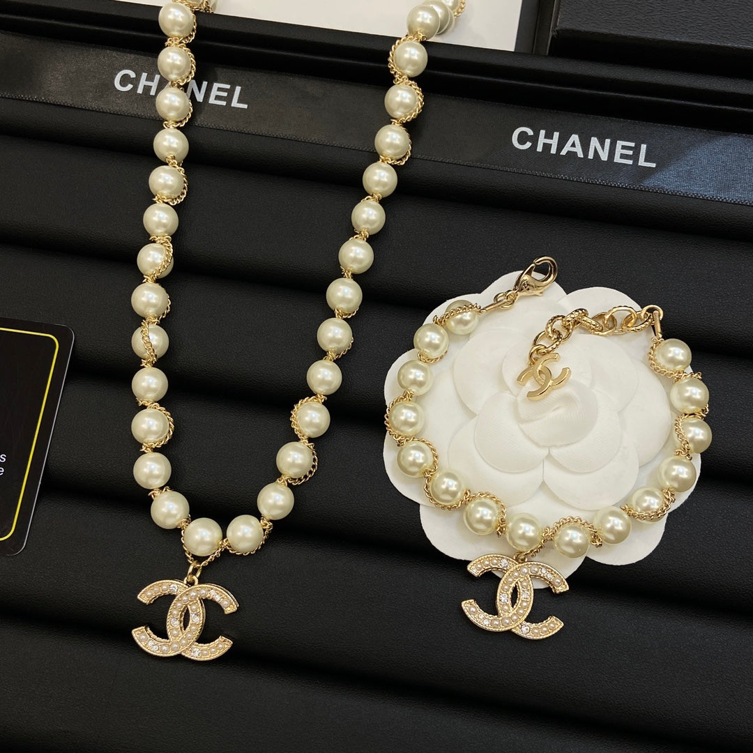 Gold-Wrapped Faux Pearl Beaded Long Necklace & Bracelet Set