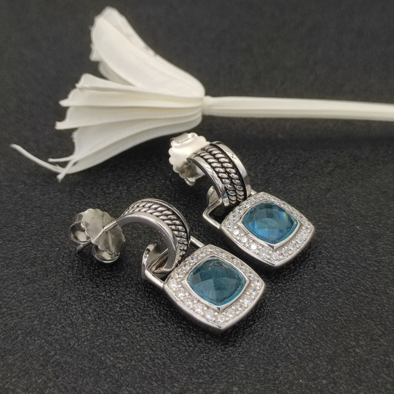 Pavé Halo Cushion Gemstone Drop Earrings