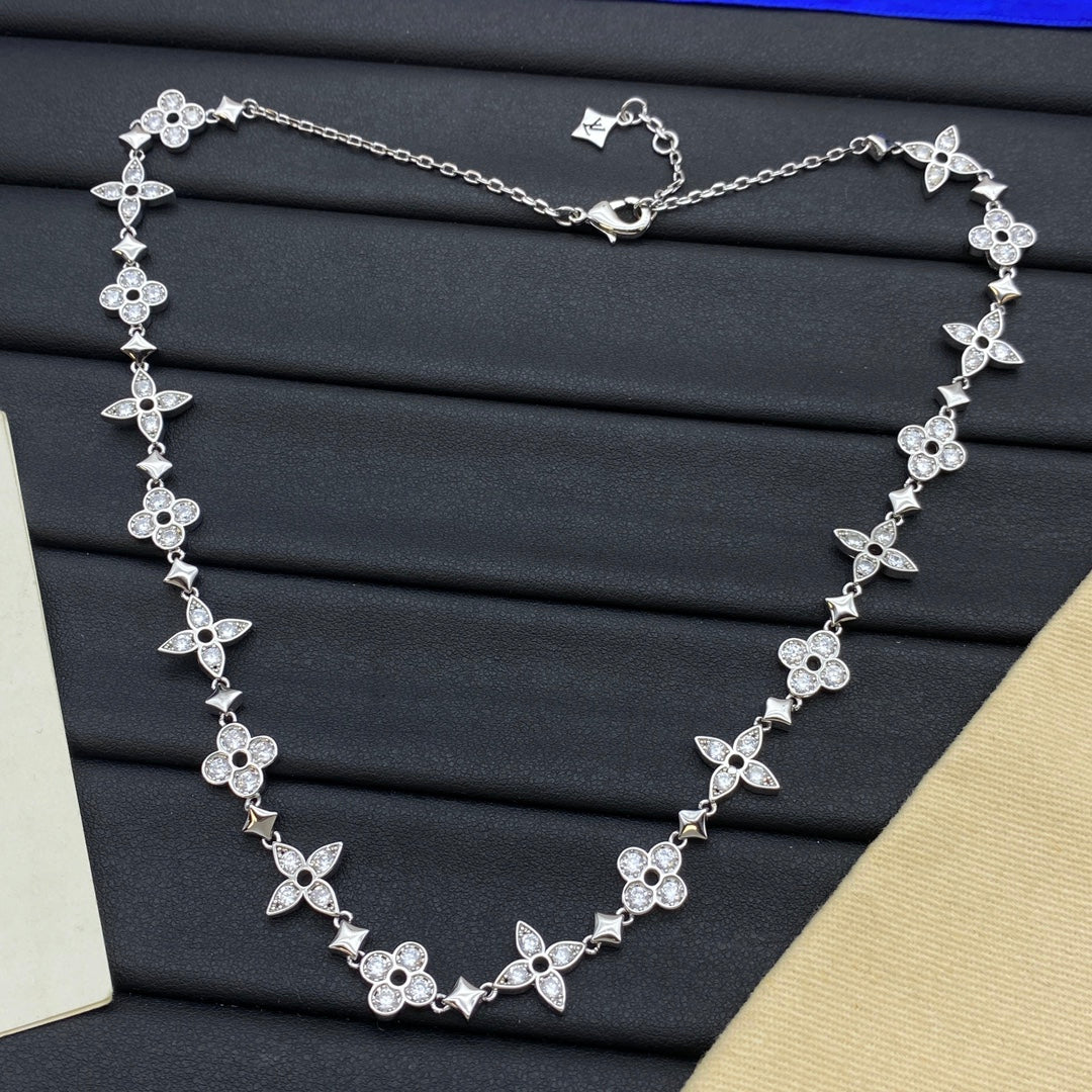 All-Over Pavé Four-Petal Flower & Star Spacer Full Station Long Necklace