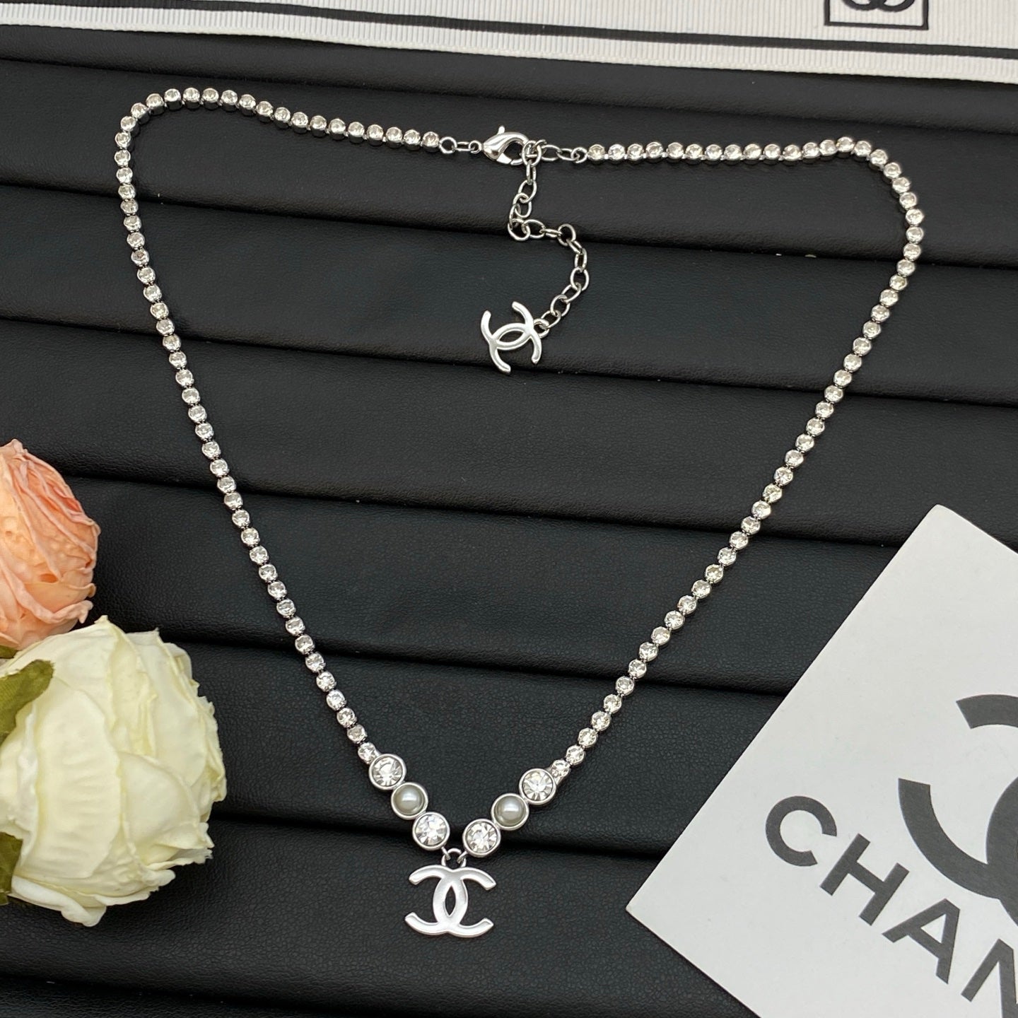 Crystal Tennis Chain Necklace | Pearl & Bezel Station Logo Drop | Gold & Silver
