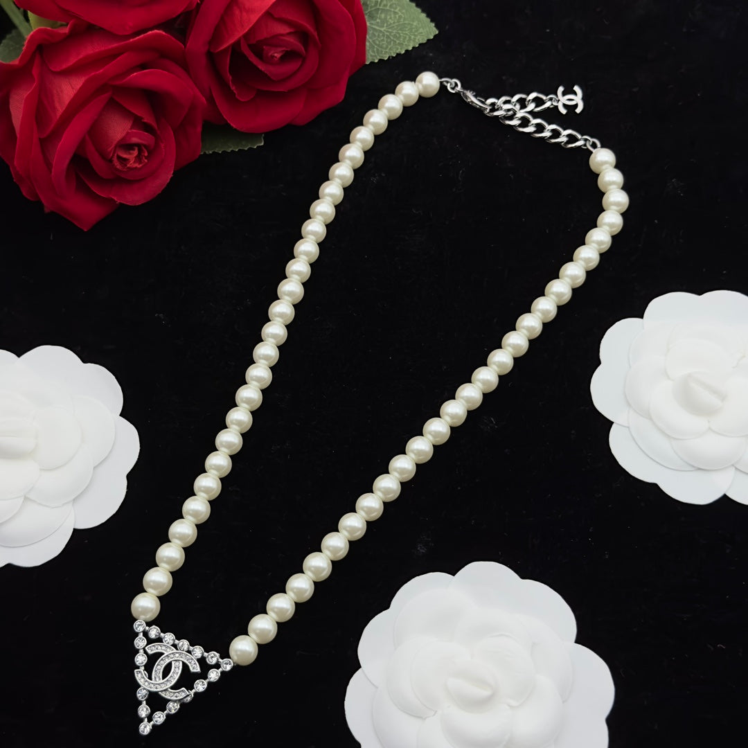 Crystal Triangle Pendant Faux Pearl Strand Necklace