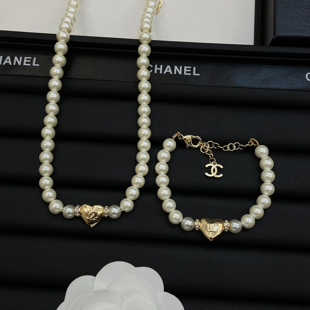 Pearl Bead Heart Charm Necklace & Bracelet Set